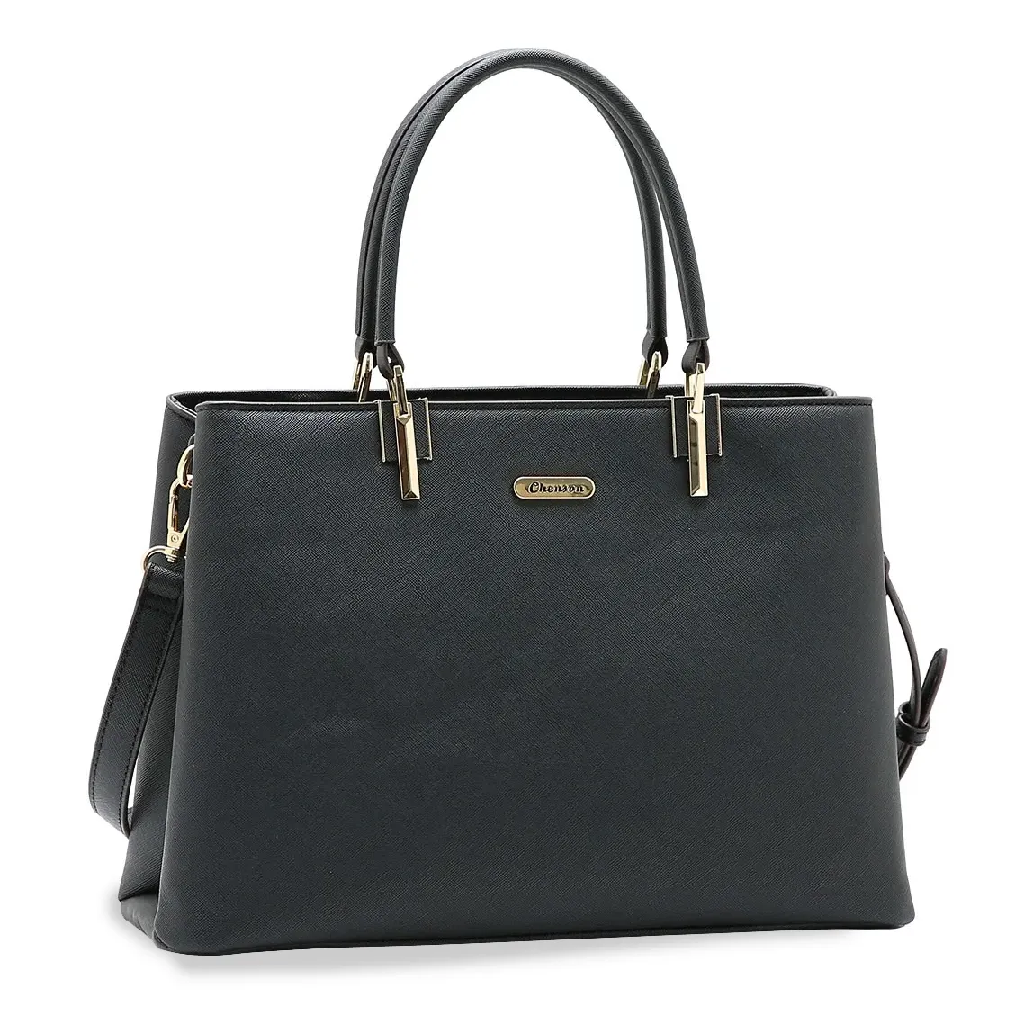 Bolsa feminina preta Chenson estilo casual chic com alças fixas e removível, detalhes metálicos dourados